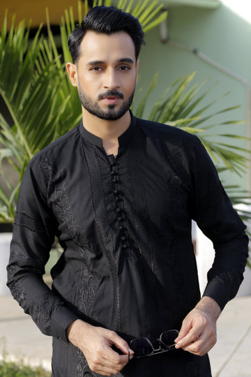 Black Color Black Embroidered Kurta Pajama For Men